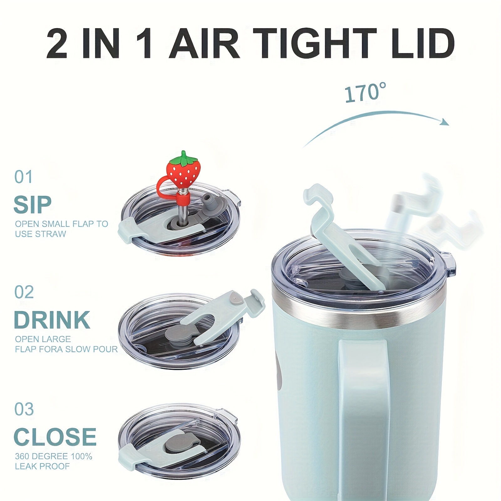 1 gobelet BIGRD de 40 oz avec poignée et paille, tasse de voyage entièrement étanche, en acier inoxydable avec isolation sous vide à double paroi pour le café, livré avec des accessoires comprenant un couvercle 2-en-1, une paille en acier, un nettoyant et un sac de transport