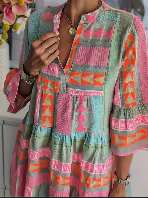 sweet bohemian style printed stand up collar quarter sleeve dress
