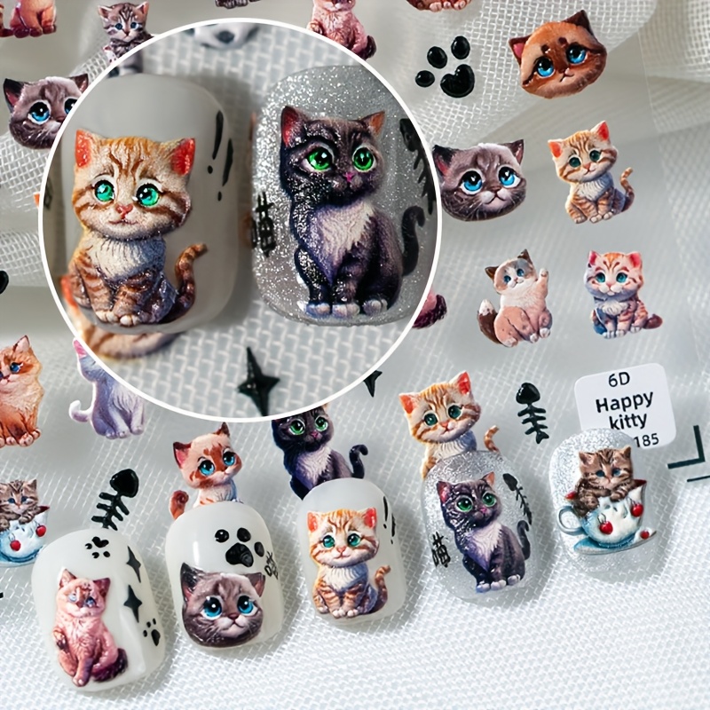 

Cat Nail Art Stickers Set - 3d Embossed, Self-adhesive Decals For Diy - Featuring Blue & With Big Eyes, Teacup Kittens, Fish Bones & More - Women And Girls