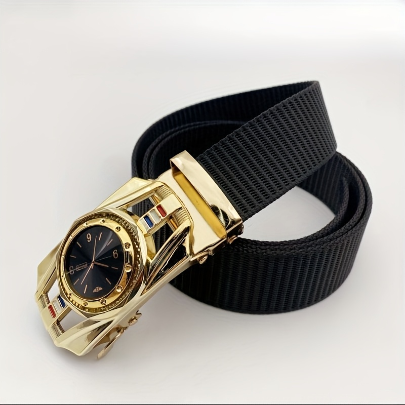 Men'S Casual Outdoor Belt with Watch Face Design - Golden Tone Alloy Buckle, Black Dial with Roman Numerals, Red Second Hand, and Date Display, Breathable Nylon Strap, Automatic Buckle, Casual Attire Accessory|Watch Face Design Belt|Durable Nylon Strap, Casual Belt