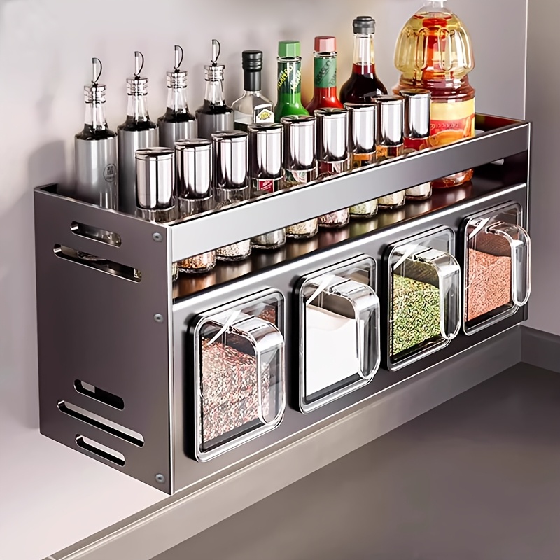 

Wall-mounted Spice Organizer Set - Aluminum, No-drill Installation, Includes Seasoning Containers & Cans For Kitchen And Dining, Seasoning Storage, Wall Mounted, Multifunctional, Kitchen