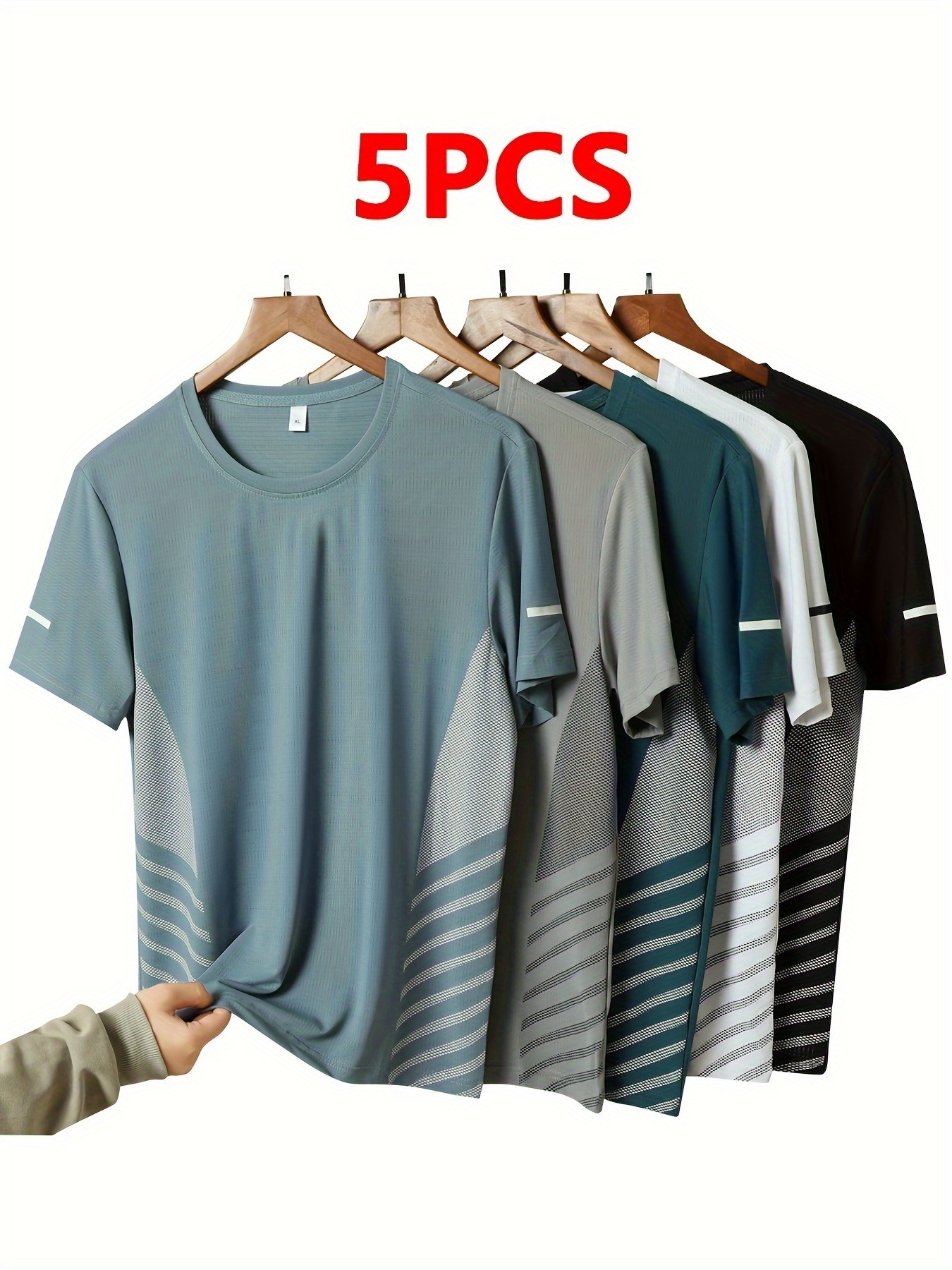 5pcs mens sweat absorbent quick dry athletic t shirts breathable stretch fabric geometric   regular fit short sleeve tees for running gym casual wear multiple colors workout shirts stretchable fabric