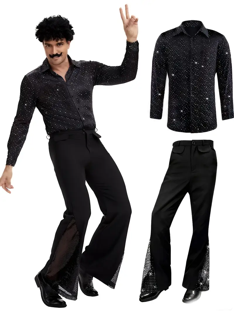 *'S 70S Disco Outfit Costume Set, Retro Sequin Shirt And Bell * Pants, Suitable for Disco Party Costume, Cosplay, Themed Events, Stage Performance Dress Carnival Performance Set *'S 70S Disco Outfit Costume Set, Retro Sequin Shirt And Bell * Pants, Suitable for Disco Party Costume, Cosplay, Themed Events, Stage Performance Dress Carnival Performance Set