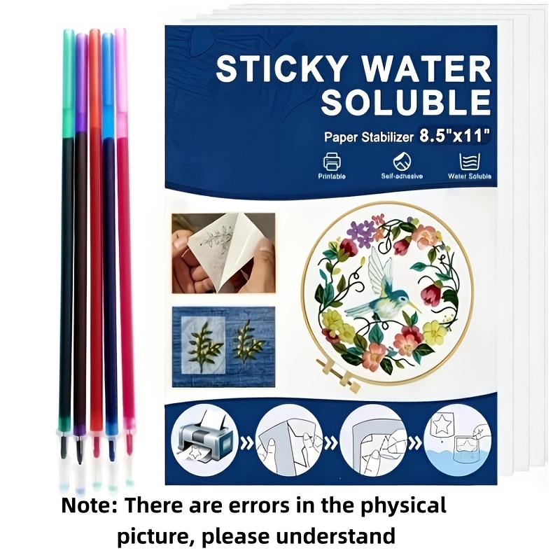 TEMU Self-adhesive Water-soluble With 5 Painting Pens (random Colors) - Paste-and- Wash-away Paper, 8.5x11 Inch 3pcs. Printable For Hand And Machine