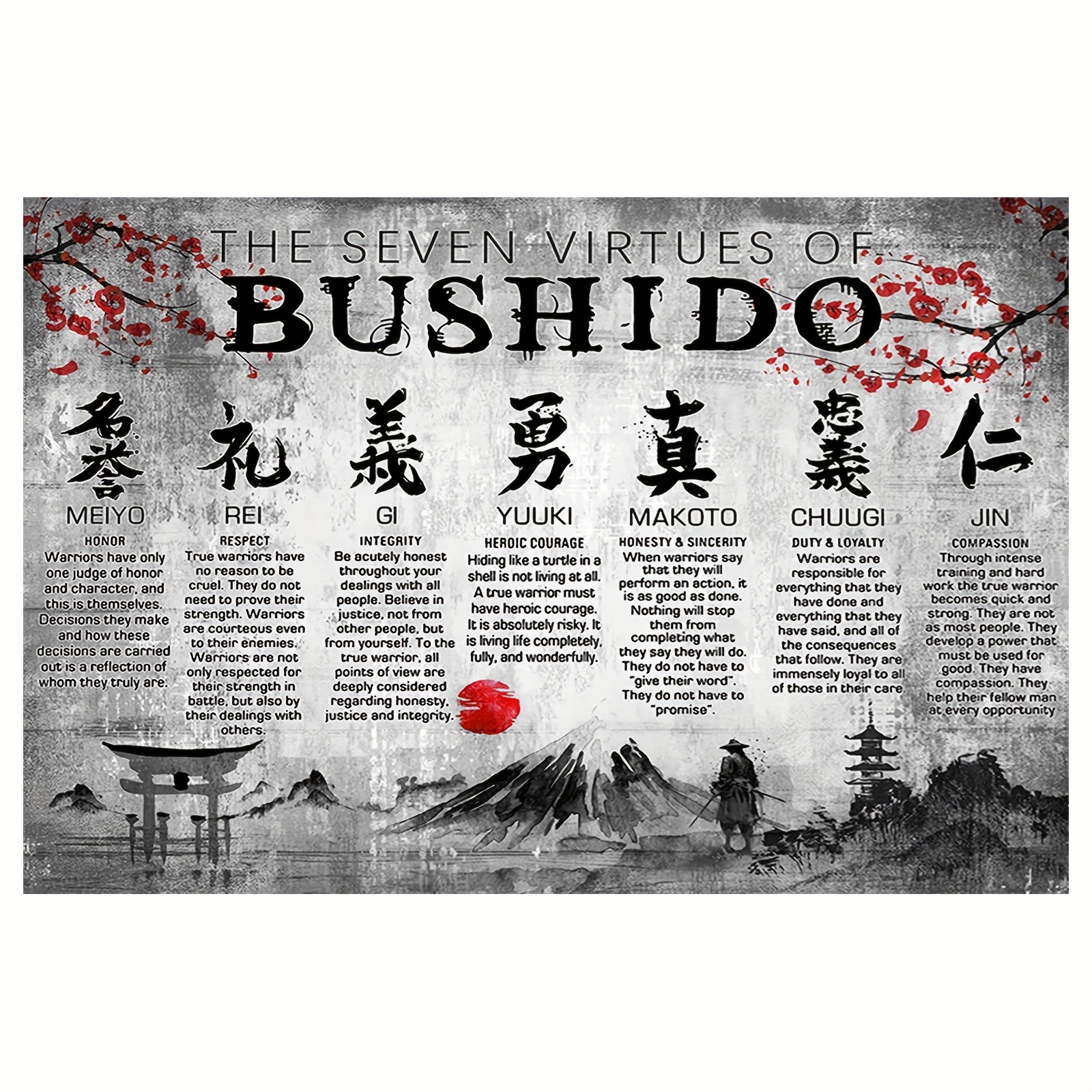 E-shop Japanische Sieben Tugenden Kunst, 12x18 Zoll, Schwarz-Rot Design mit Montagelöchern für einfache Wandmontage, für Schlafzimmer, Büro, Wohnzimmer