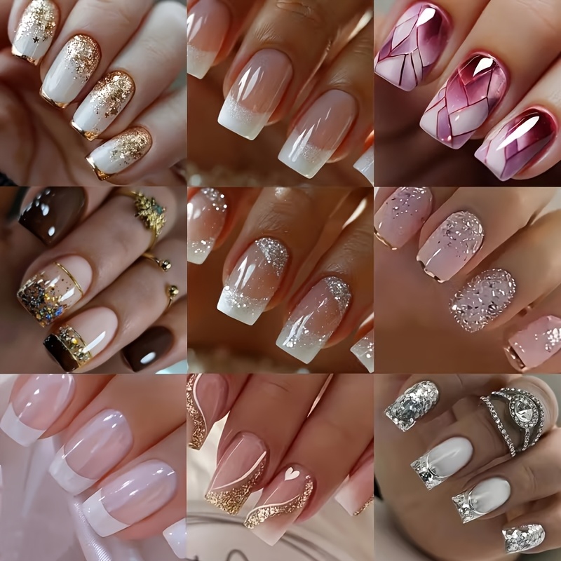 TEMU 96pcs Random Short Square Summer White Simple Gradient Press-on Nails Full Cover Fake Nail Set For Women, Detachable False Nails, Nail Kit, Nails, , , Smooth Application