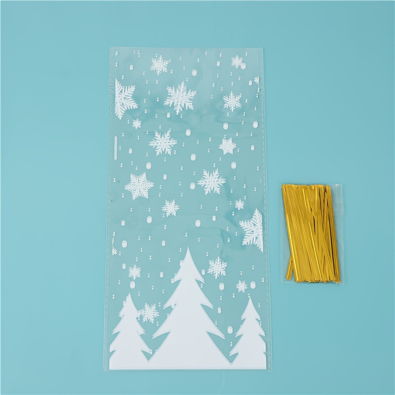 Image of 50pcs White Snowflake Christmas Tree Pattern Christmas Party Packaging Bag Gift Bag Transparent Cellophane Bag Ice Festival Party Decoration Gift Bag