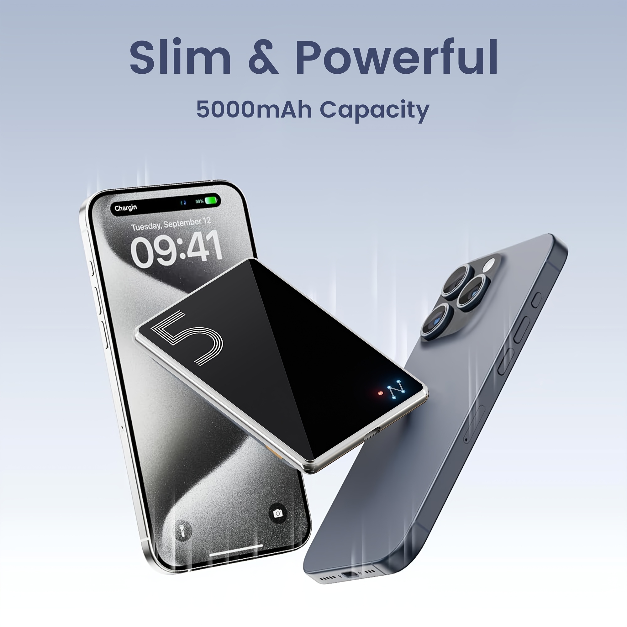 TEMU Pack Batterie Magnétique Fil 5000mAh, Chargeur Portable 0,26 pouce, Bank Fil PD Charge Rapide avec USB C, Compatible iPhone 17/16/15/14/13/12