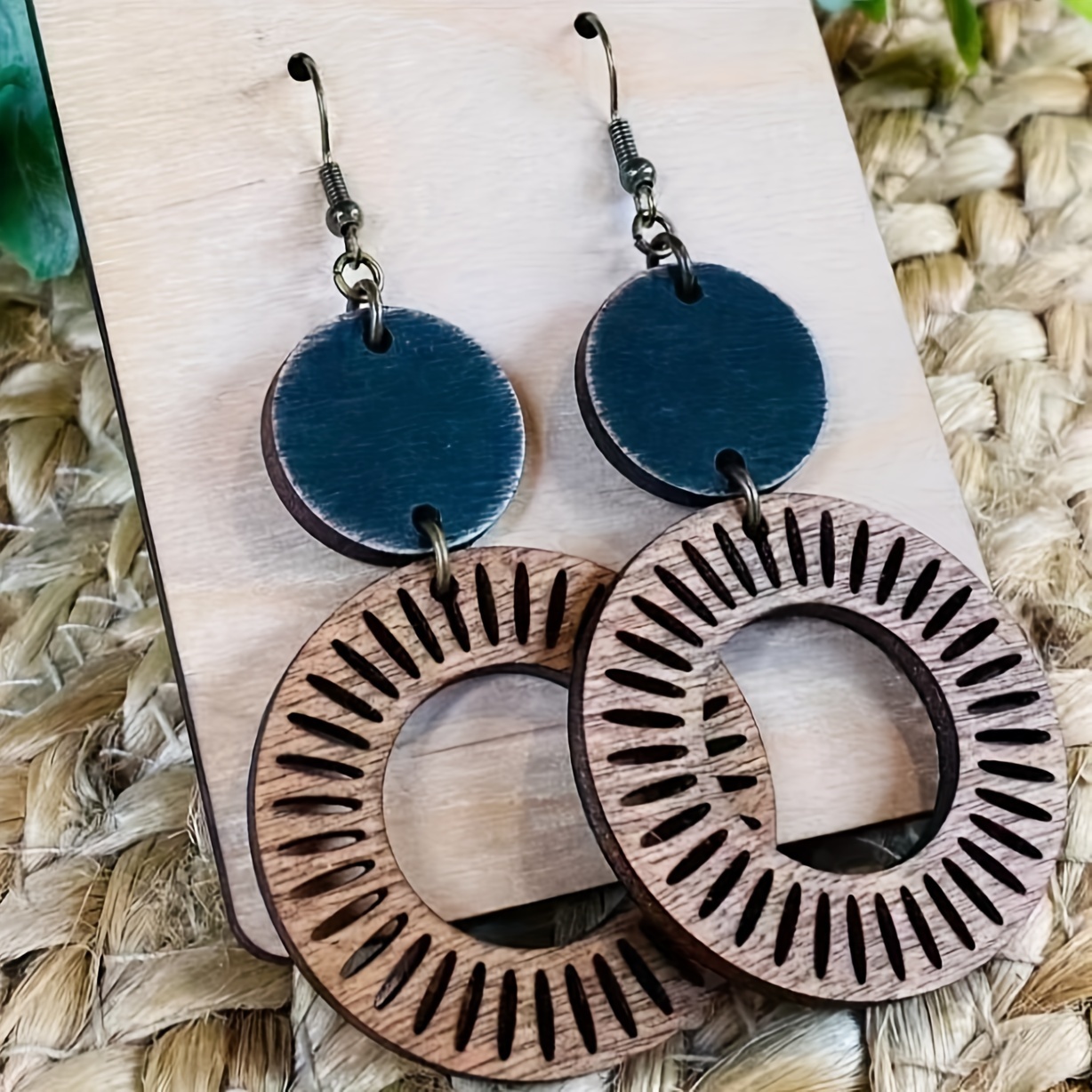 

Bohemian Wooden Earrings, 1 Pair Vintage Hollow Circle Drop Dangle, Women' Ear Jewelry, Iron Ear Hooks, Wear