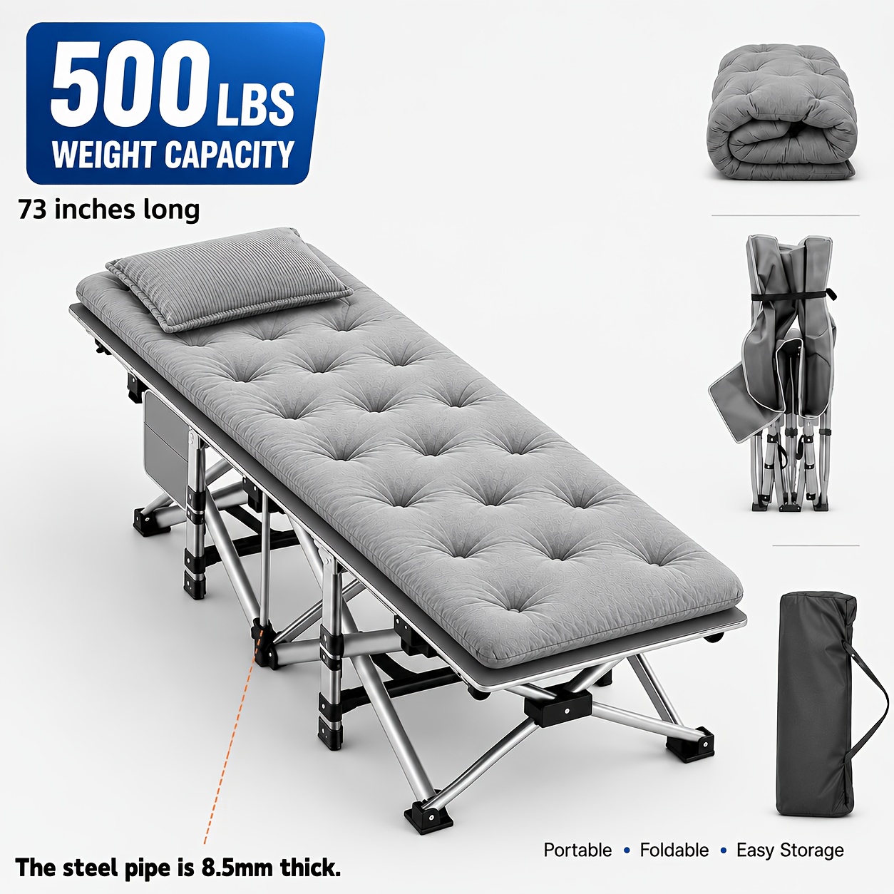 TEMU Multifunctional Rv Camping Folding Travel Cot Bed, 60/75 Inch Size Optional, 150/500/600/700 Lbs Weight Capacity, Compact Foldable Saving, Thick