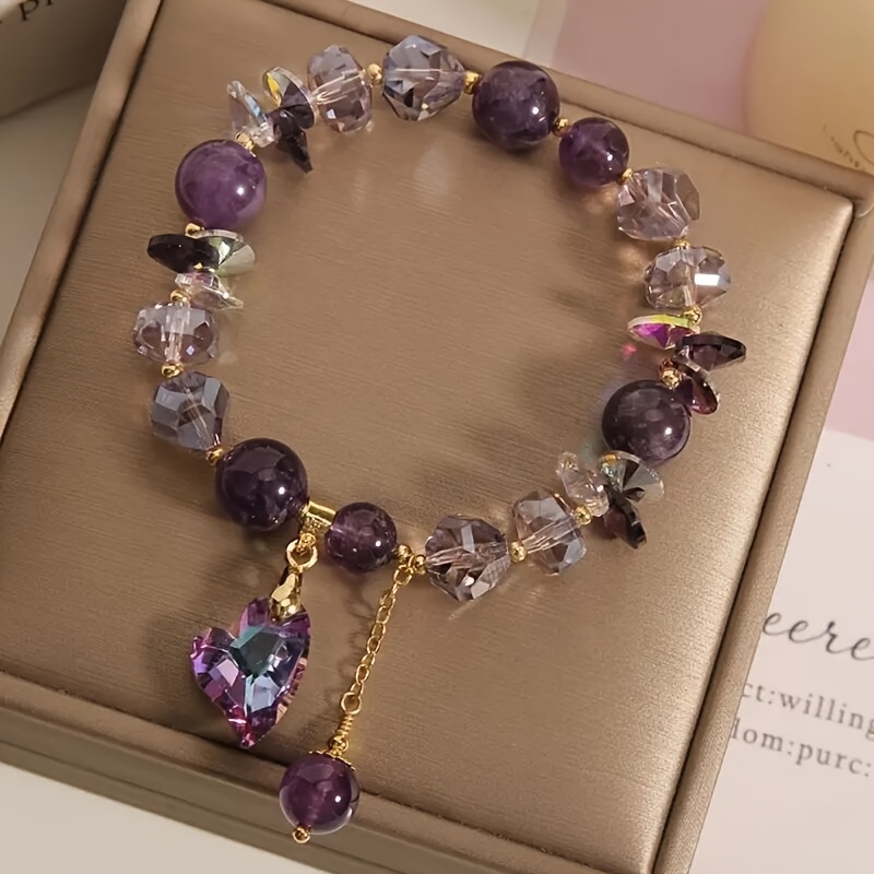 

1pc Elegant Amethyst Bracelet With Crystal Love Pendant For Women Girls