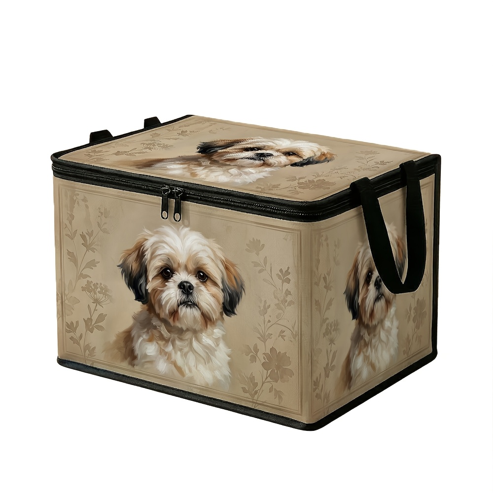 TEMU Extra-large Foldable Zipper Storage Box, Vintage Minimalist Style - Shih Tzu Dog Head Floral Base, Reinforced , Suitable For Storing Clothes And