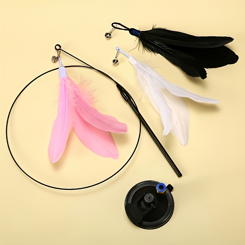TEMU 4pcs Set Of Cat Feather Bell Toys, Including 1 Cat Teaser Pole And 3 Different Colored Simulated Feather Replacement Heads, Powerful Suction Cup