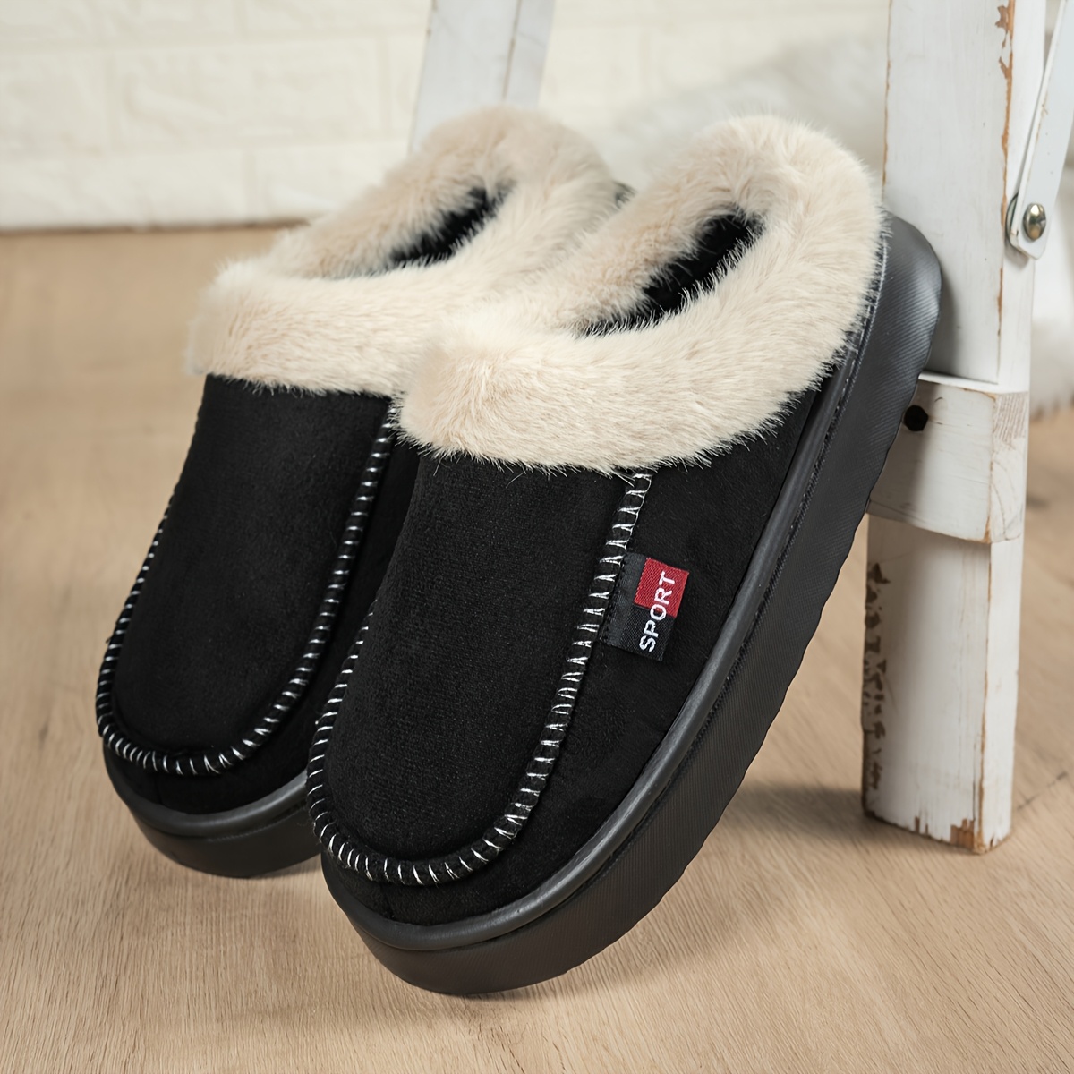 TEMU Men's Winter Warm Half-wrap Slippers - Soft Plush House Shoes Suitable For Home, Vacation & Daily Wear, / With Cushioned Sole, Sole & Fabric