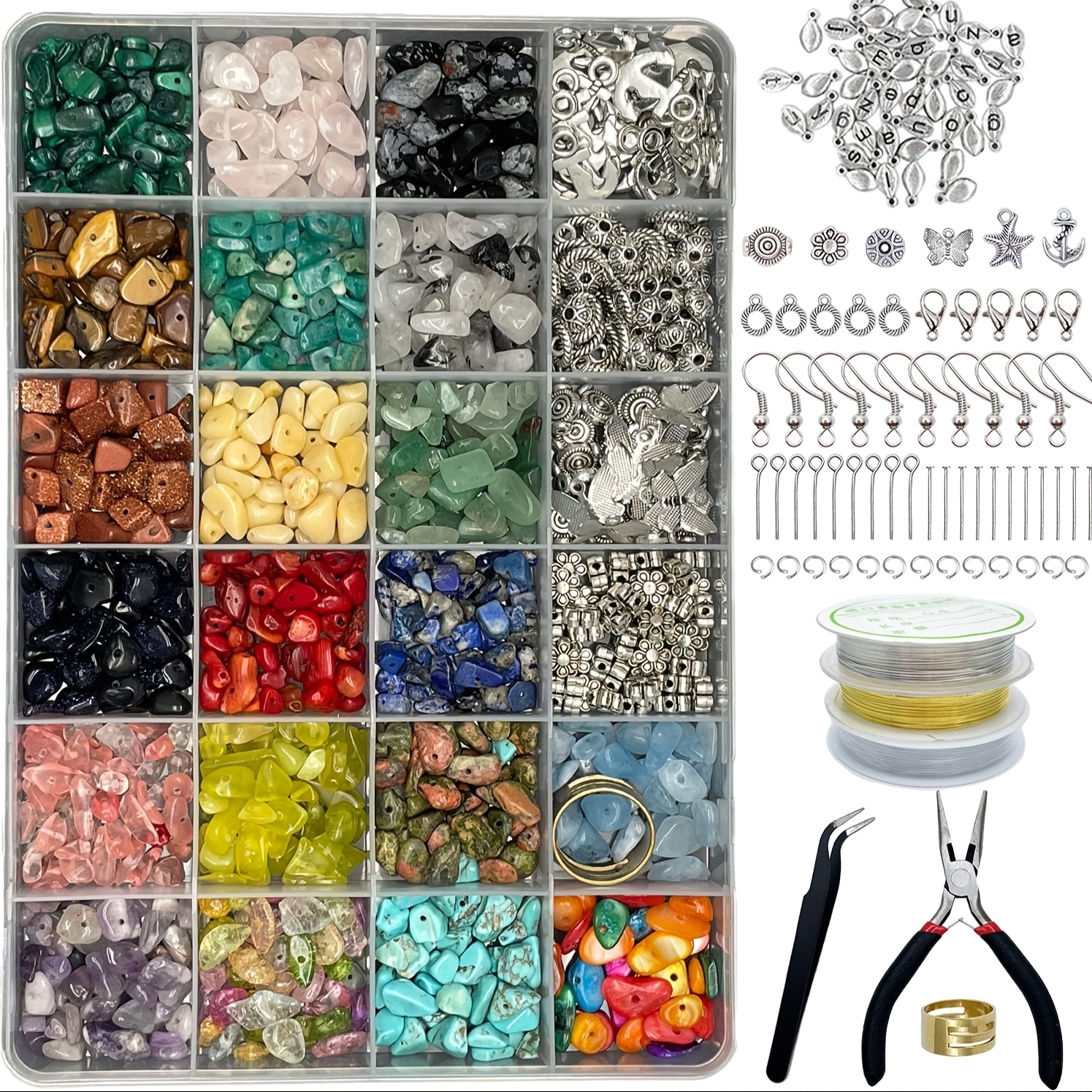 

1587pcs Natural Stone Bead Jewelry Making Kit - Irregular Shaped Beads With Pliers, Wire, Earring Hooks, Jump Rings, Head Pins For Diy Bracelets, Necklaces, Earrings For Girls And Adults