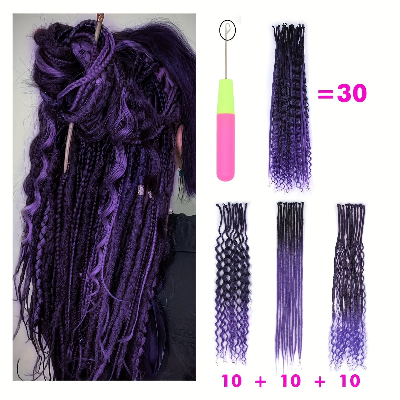 TEMU 24 Inch Single-ended Dreadlock Extension, Gradient Purple, 30 Strands Dreadlock Extension Se Dreads, With Curly Dreadlocks, Suitable For Women