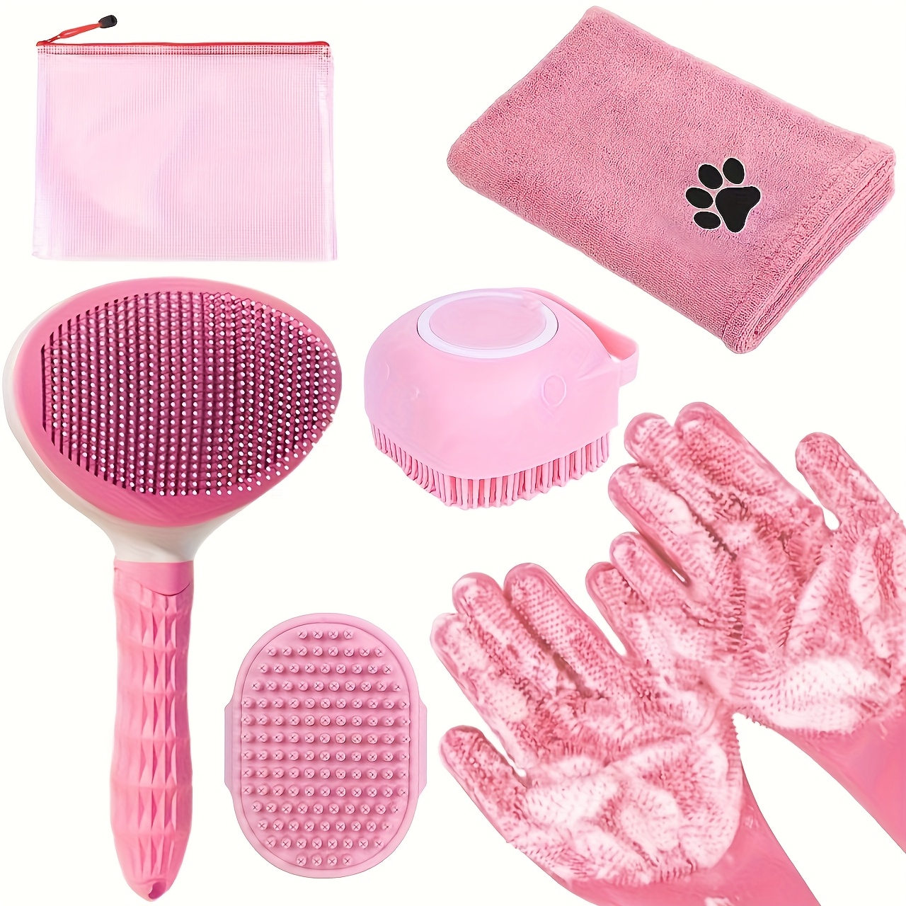 

6pcs Pet Grooming Set For Dogs, Soft Bristle Brush, Massage Brush, Cleaning Gloves, Towel, And Storage Bag, Plastic Grooming Tools, With Uncharged For Pet Care Kit