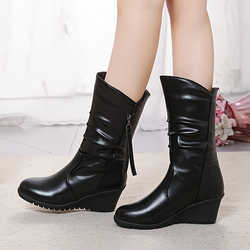 

Women' Mid-calf Boots With Platform Heel, Solid Color, Slip-on Round Toe, Upper & Fabric , Tpr Outsole, Hand Washable - Casual Trendy Footwear