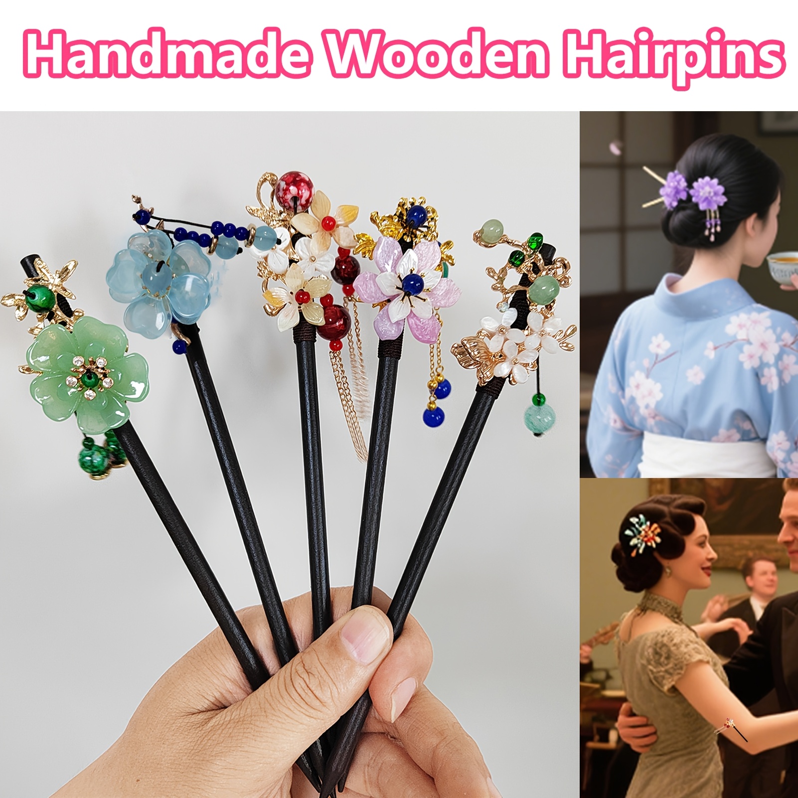 TEMU 5pcs Épingles à cheveux en bois artisanales avec pompon, pince à cheveux à pour printemps et l'été, pour fête de danse, kimono japonais yukata,