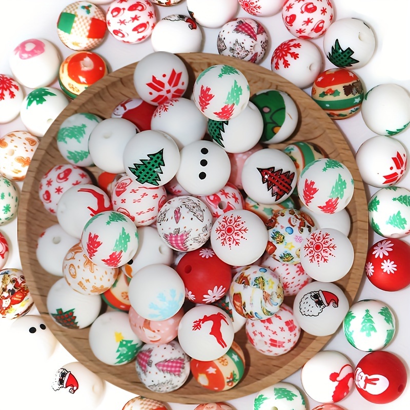 

50pcs Mixed 15mm Colorful Christmas Water Transfer Silicone Beads Various Christmas Elements Printed Loose Silicone Beads For Jewelry Making Diy Pen Decorative Accessories