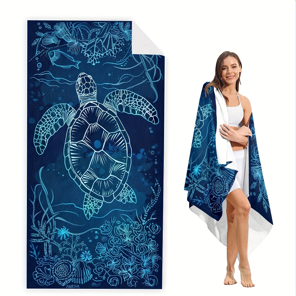 Soft Microfiber Beach Towel Sea Turtle And Coral Pattern Blue_voghion.com