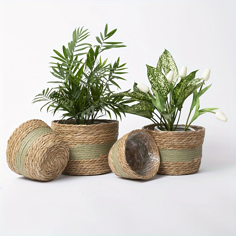 

4 Pieces Of Grass Woven Flower Pots, Hand Woven Flower Baskets, Seaweed Planting Baskets, Fashionable Indoor And Outdoor Plant Planting Baskets, Perfect For Pot Covers And Room Decoration