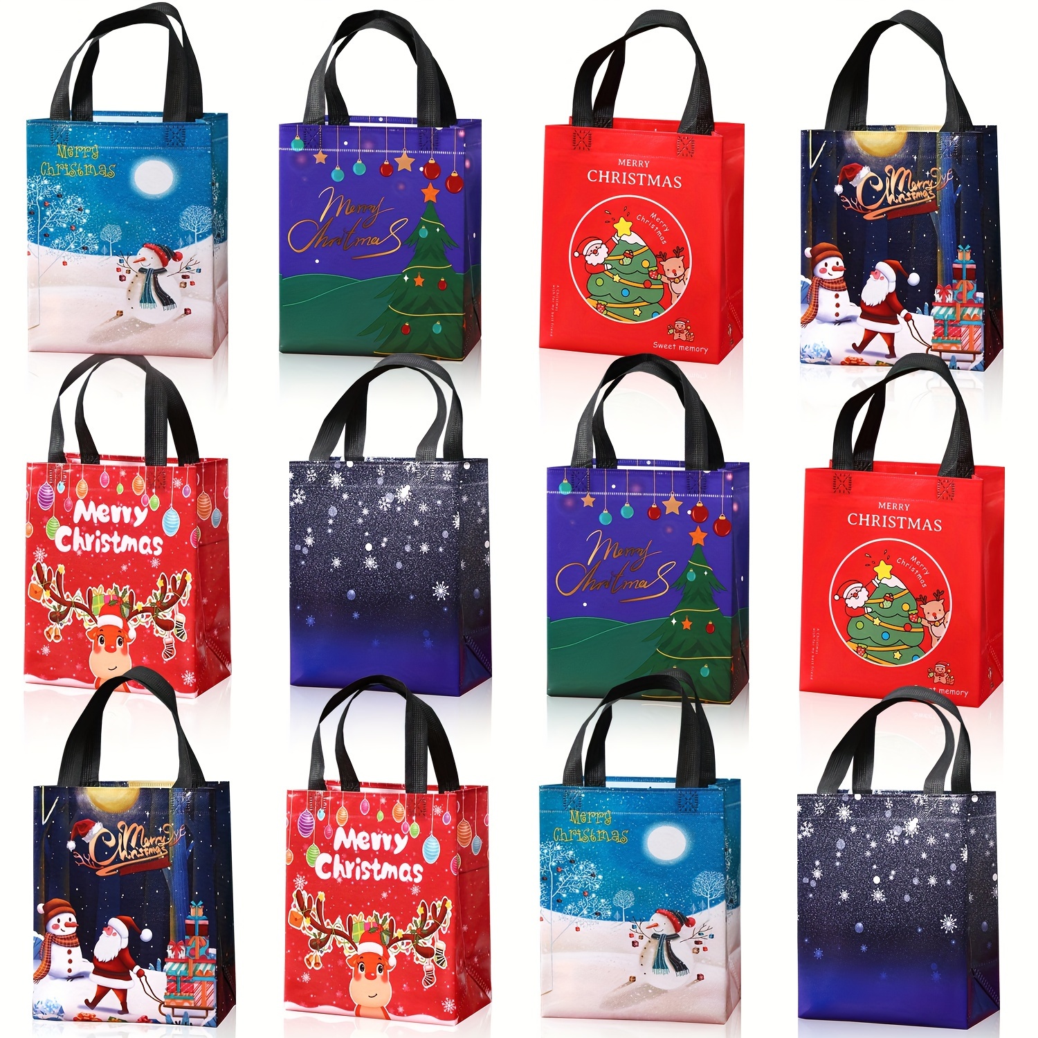 Image of 12 Reusable Non-woven Christmas Gift Bags - Durable, Stylish Grocery Shopping Bags With Comfortable Wrist Straps - Holiday Parties And Everyday Use!