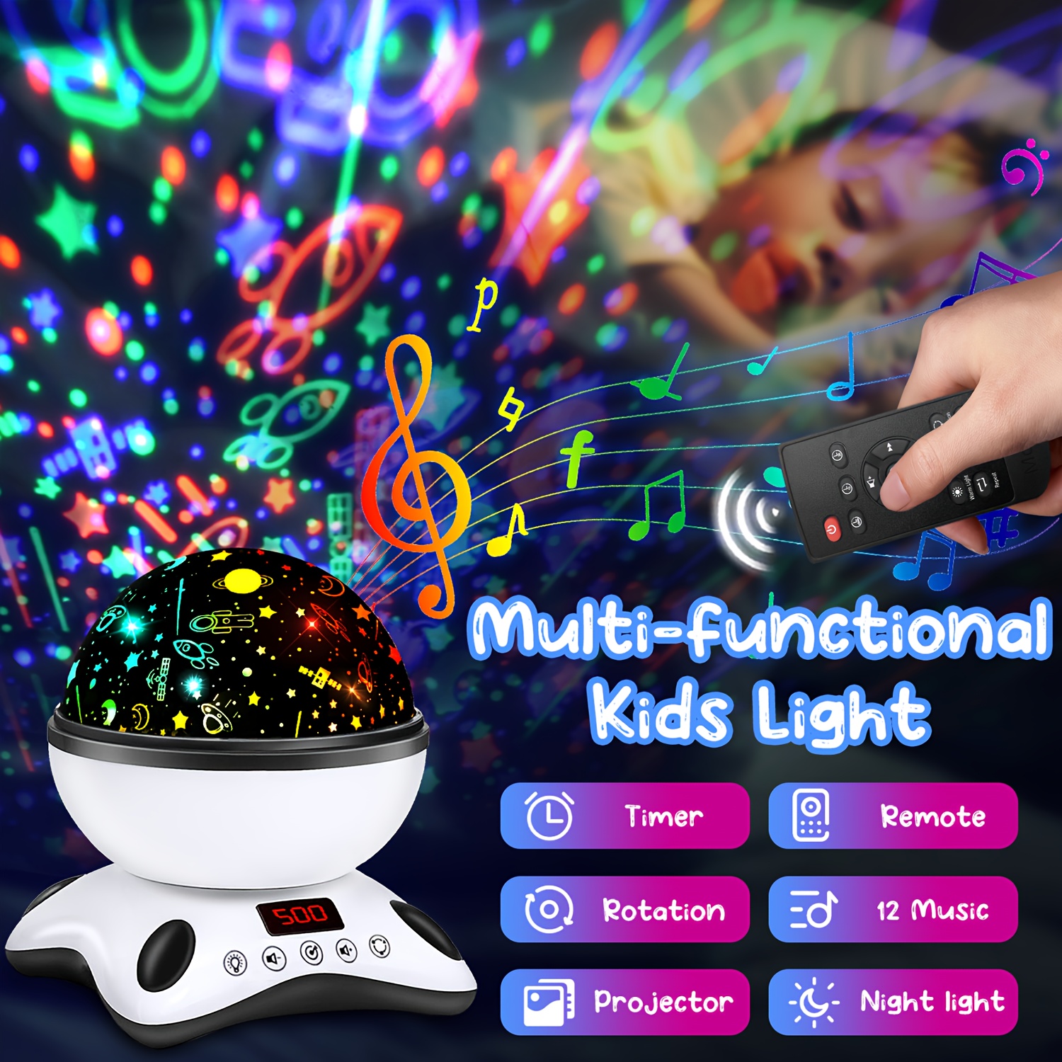 

2 - Kids Night Light Projector, Remote Lights For Kids Room With 12 Music Nursery Night Light Projector For 18 Light , Gifts For Baby Kids - Black