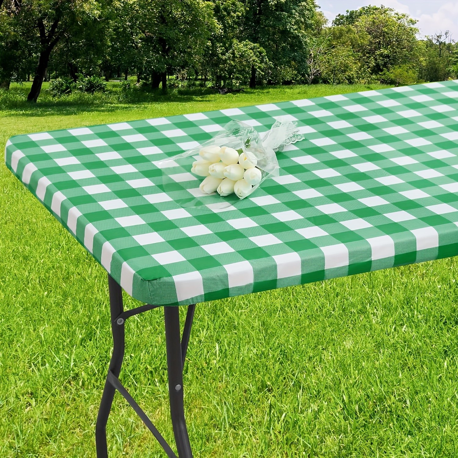 

Waterproof Vinyl Tablecloth With Elastic Edge And Flannel Backing, Checkered Pattern, Machine Made Rectangle Cover For Dining And Outdoor Activities