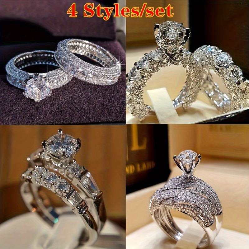 

4 Styles/set Of Princess Square Zirconia Ring Sets - Stylish Men's And Women's Engagement And Wedding Rings - Sparkling Jewelry, Romantic Fashion - Unique Accessories From The High-end Series