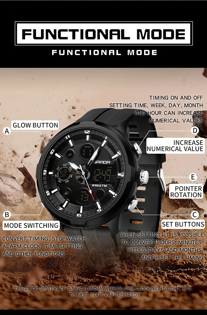   mens sports   resistant 5atm multifunctional chronograph quartz with date round zinc alloy case silica gel strap electronic drive battery powered non rechargeable button battery regular cleaning ideal gift details 9