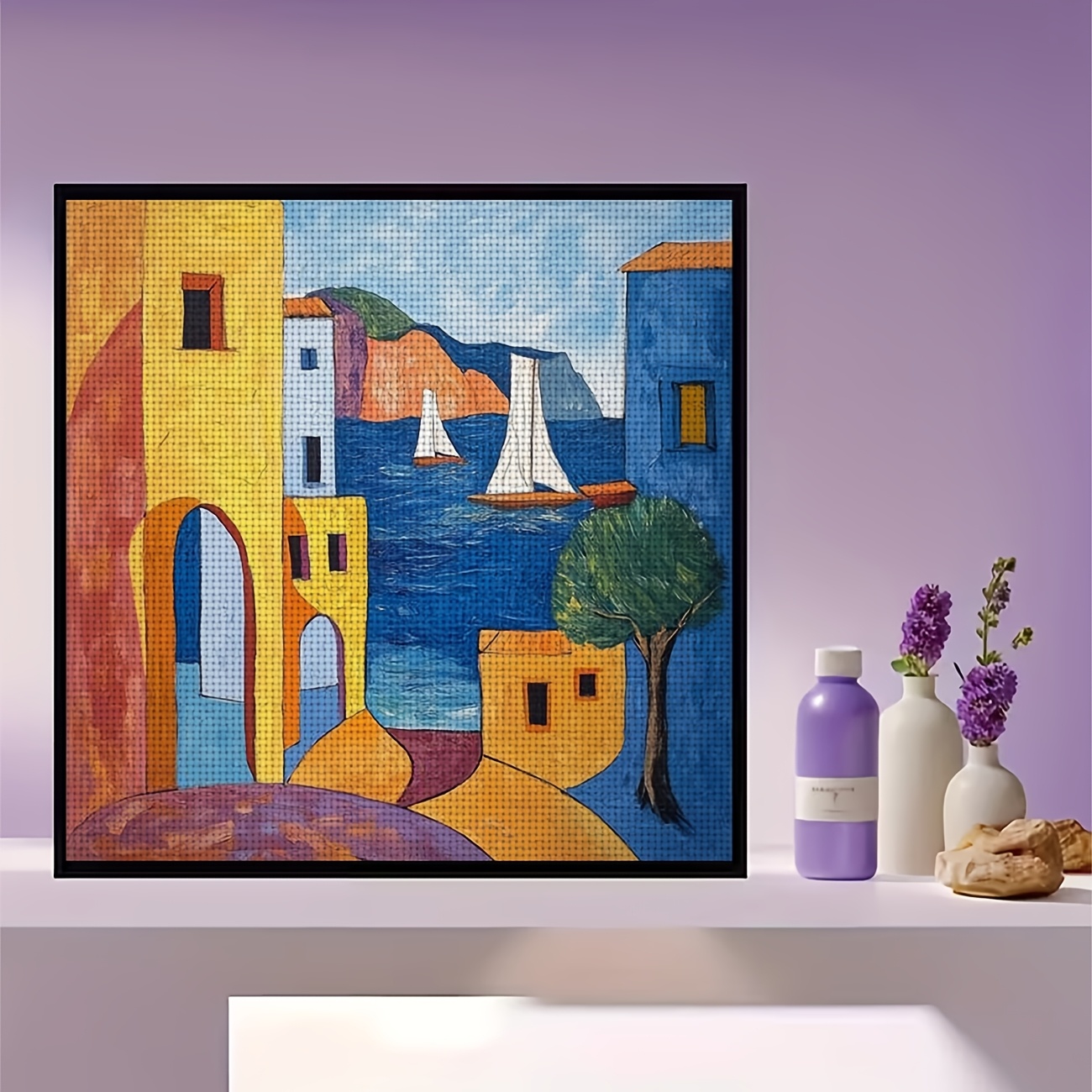 DIY Cross-Stitch Printed Kit, Unframed, "Colorful Coastal Sailboat" Design