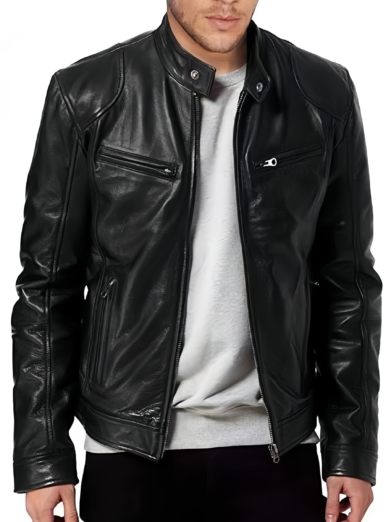 men's casual leather jacket stand collar solid color Temu Saudi - Main Image