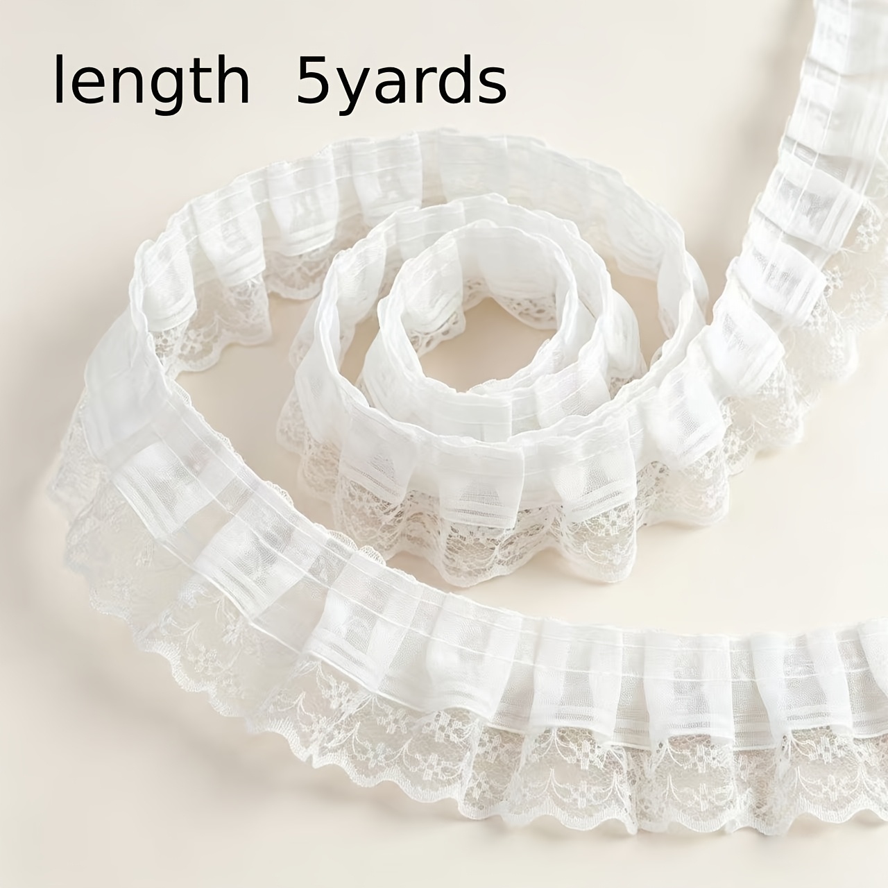 TEMU Liseré de dentelle plissée blanche de 5 yards avec bordure florale, ruban de dentelle pour couture, bricolage, robe de mariée, broderie,