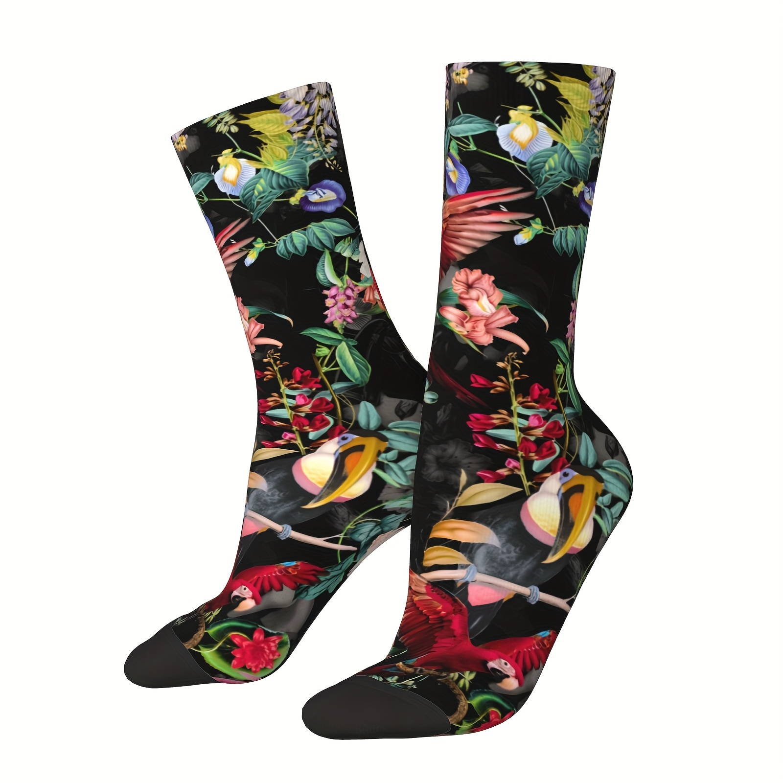 

1 Pair Of Unisex Vintage Style Novelty Plants And Birds Pattern Crew Socks, Trendy 3d Digital Printed Men Women Socks, Crazy Funny Socks For Gifts