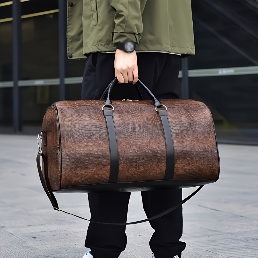 TEMU Vintage Crocodile Pattern Luggage | Retro Style | Large Capacity | Black And Dark Brown | Multifunctional Travel Handbag With Shoulder Strap