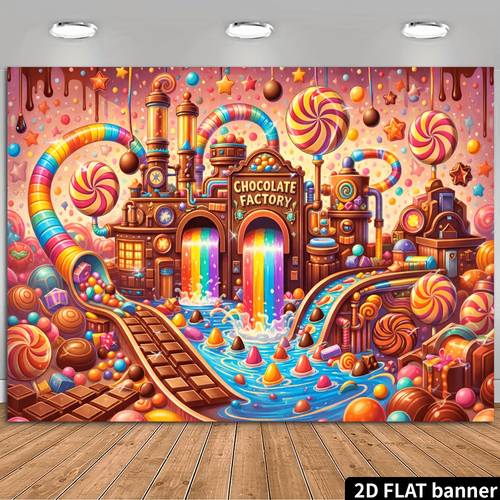 2d plat chocoladefabriek regenboog achtergrond met ronde lolly-pijp decoratie, materiaal, installatie . geschikt voor feesten, , fotografie-achtergronden en huisdecoratie. creëert een fantastische en zoete snoepwereld sfeer. ideaal voor verjaardagsfeestjes