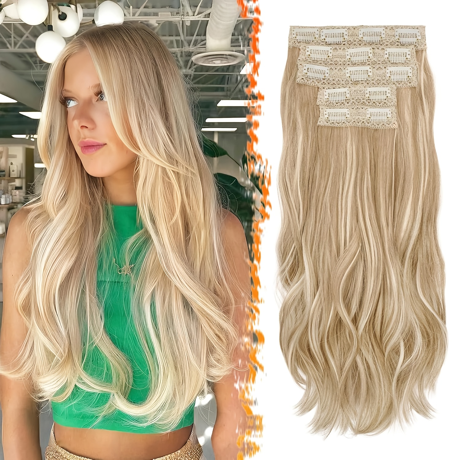 Barsdar Clip-in Hair Extensions In Blonde, 50cm Wavy Style, 5pcs For A , Synthetic Hairpieces - Medium Blonde Blend