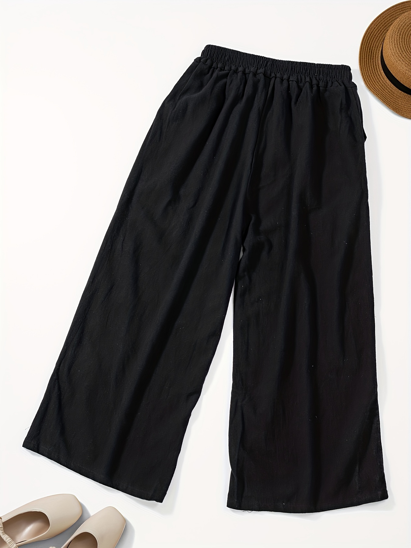 Women's wide-leg pants with pockets and embroidery details - casual straight pants, comfortable for all seasons, machine washable, comfortable clothing, decorative embroidery, soft fabric pants