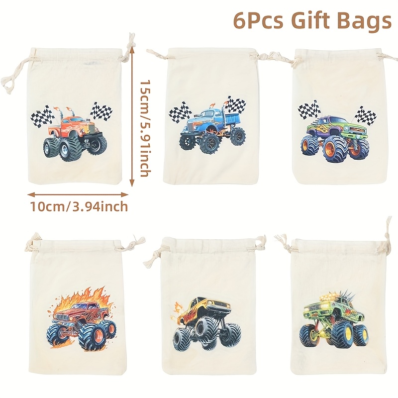 E-shop Geschenk für Sie/Ihn 6-teilig, Monster Truck Themen-Geschenktüte mit Zugband, Offroad-Fahrzeug Auto Themen-Verpackungstüten, Sport Themen Party