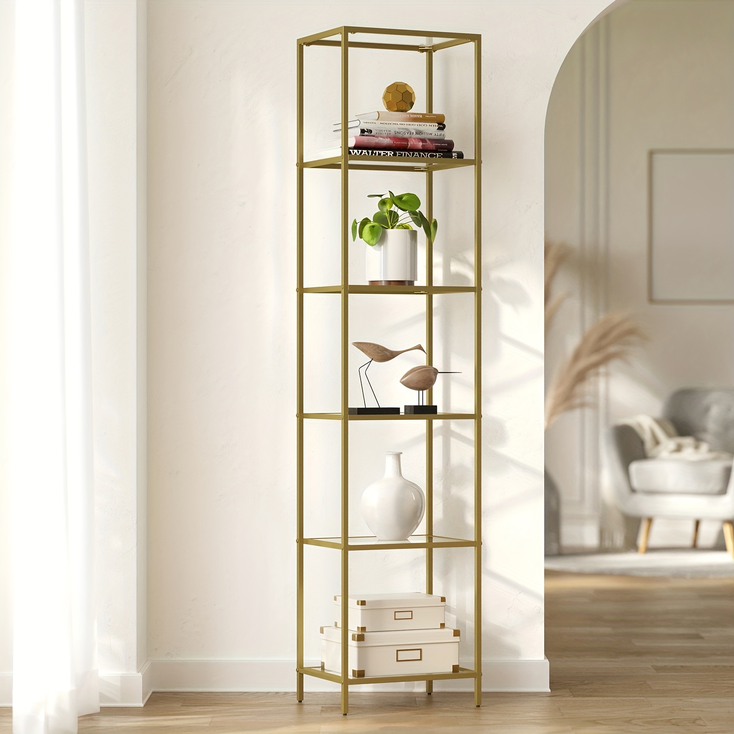 E-shop Regal, Badezimmerregal, 6 Fächer, gehärtetes Glas, für Badezimmer, Wohnzimmer, Küche, Büro, golden, Aufbewahrungsregale