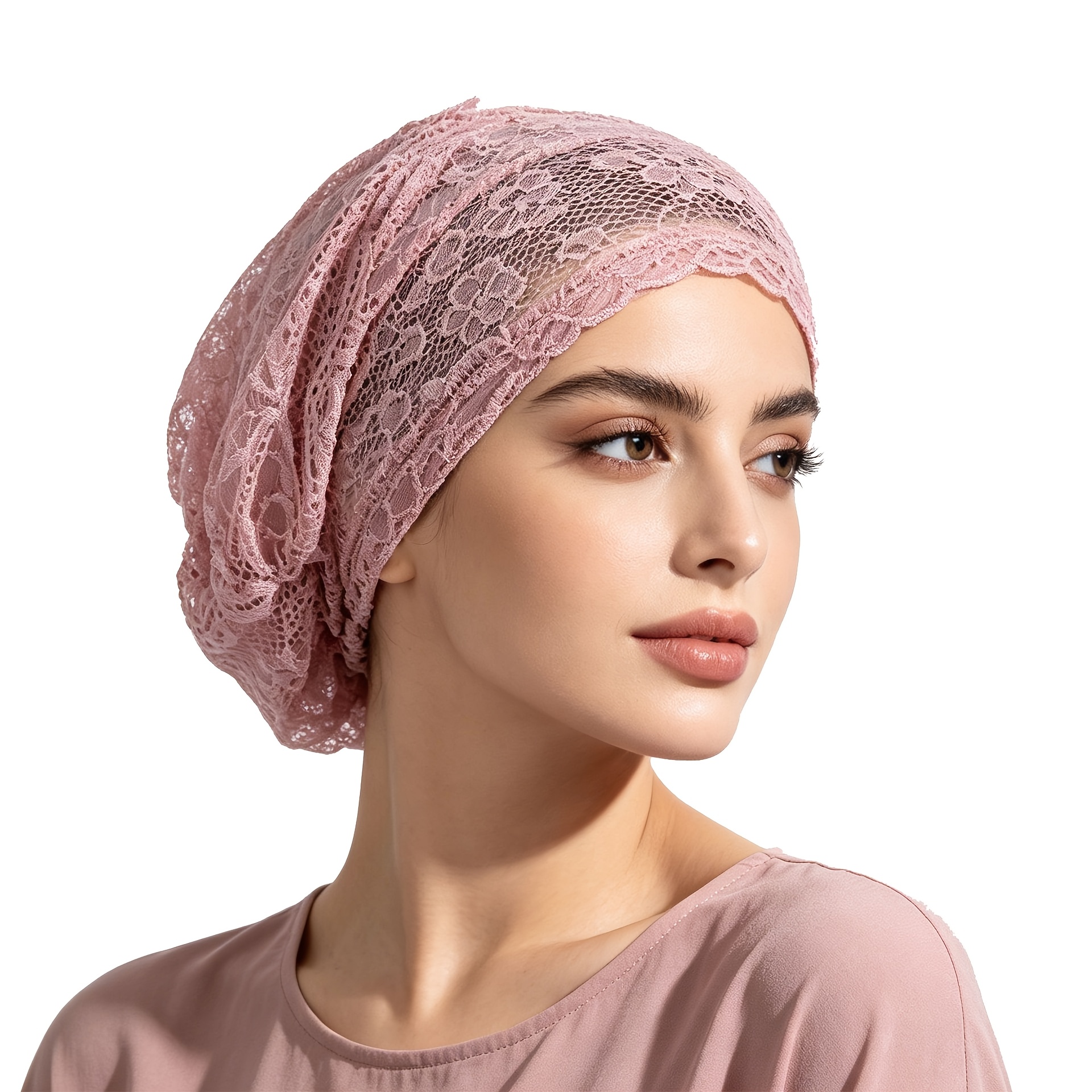 TEMU 1 bonnet femme couleur unie en dentelle florale, couverture complète, casquette de base