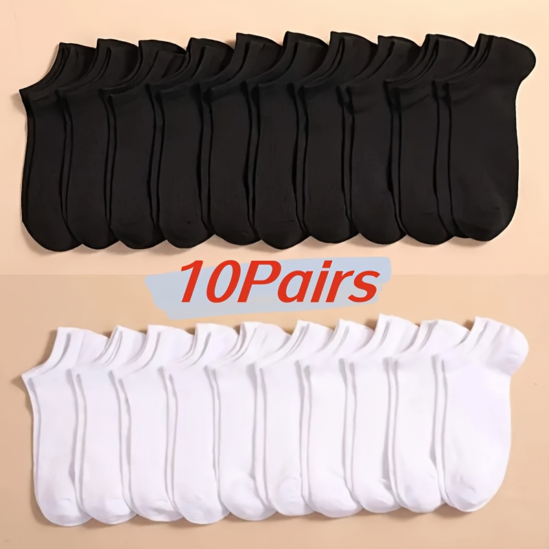 

10 Pairs Black White Men's Skin-friendly Simple Anklets Socks, Sports Sweat-absorbing Anti-odor Non-slip Socks For Outdoor Fitness Basketball Running Spring Summer