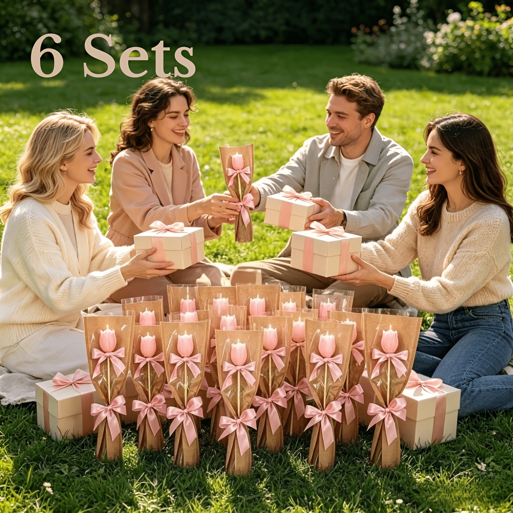 TEMU 6 ensembles de bouquets de bougies tulipes roses, bougies florales artisanales en cire de soja avec emballages cadeaux, bougies décoratives
