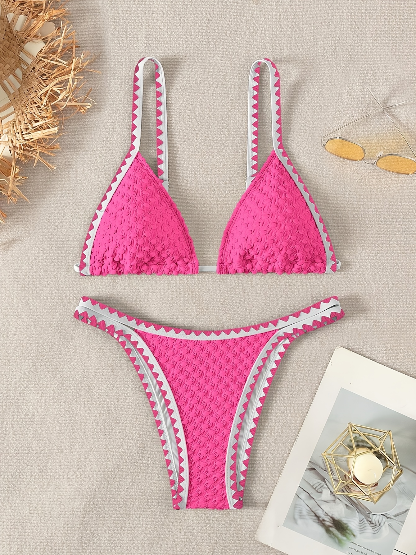 Contrast Trim Whip Stitching Textured Fabric 2 Piece Set Bikini Swimsuits, Women's Swimwear & Clothing