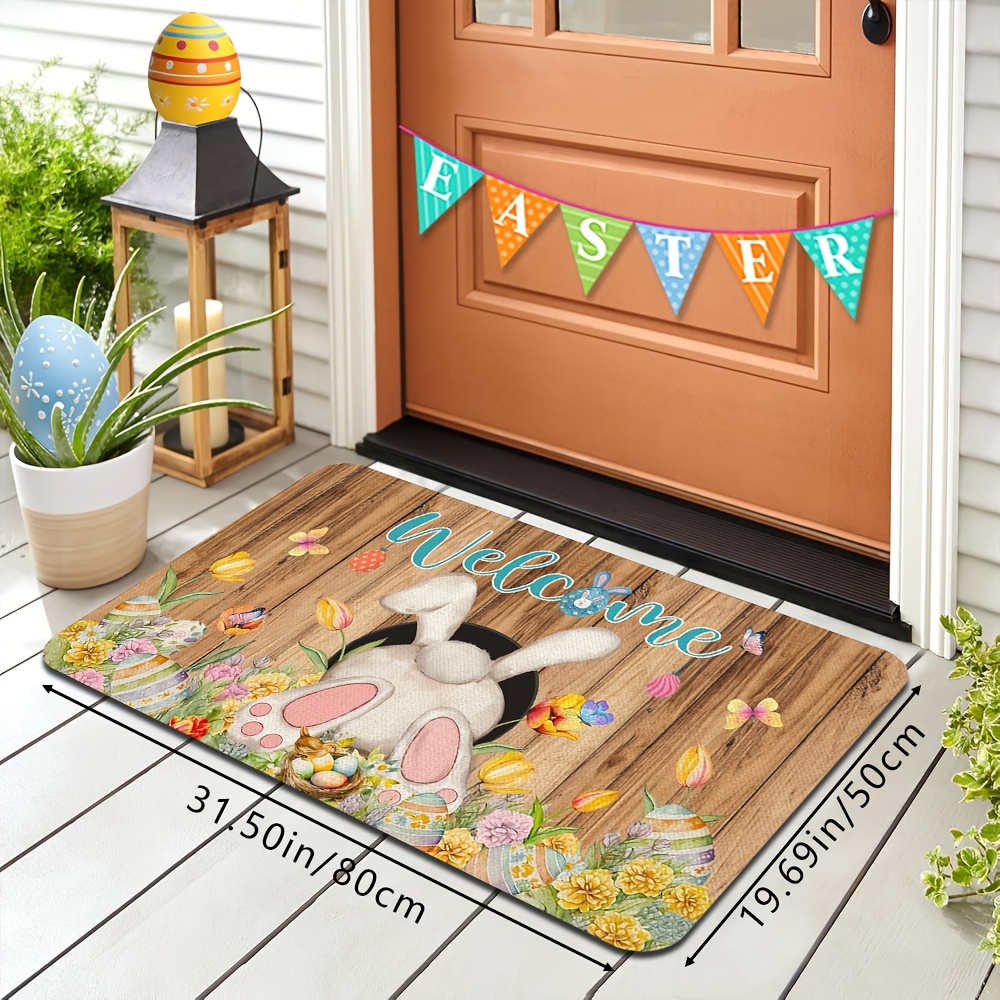 TEMU 1pc Creative Easter Wooden Color Rabbit And Flower Sponge Printed Floor Mat For Doorway, Household Soft Washable Floor Mat, Festival Decoration