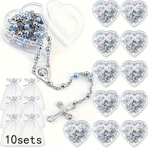 Lot De 12 Chapelets En Acrylique Avec Cartes De Remerciement Et Sachets Organza - Cadeau Baptême, Communion, Mariage - Couleur Or