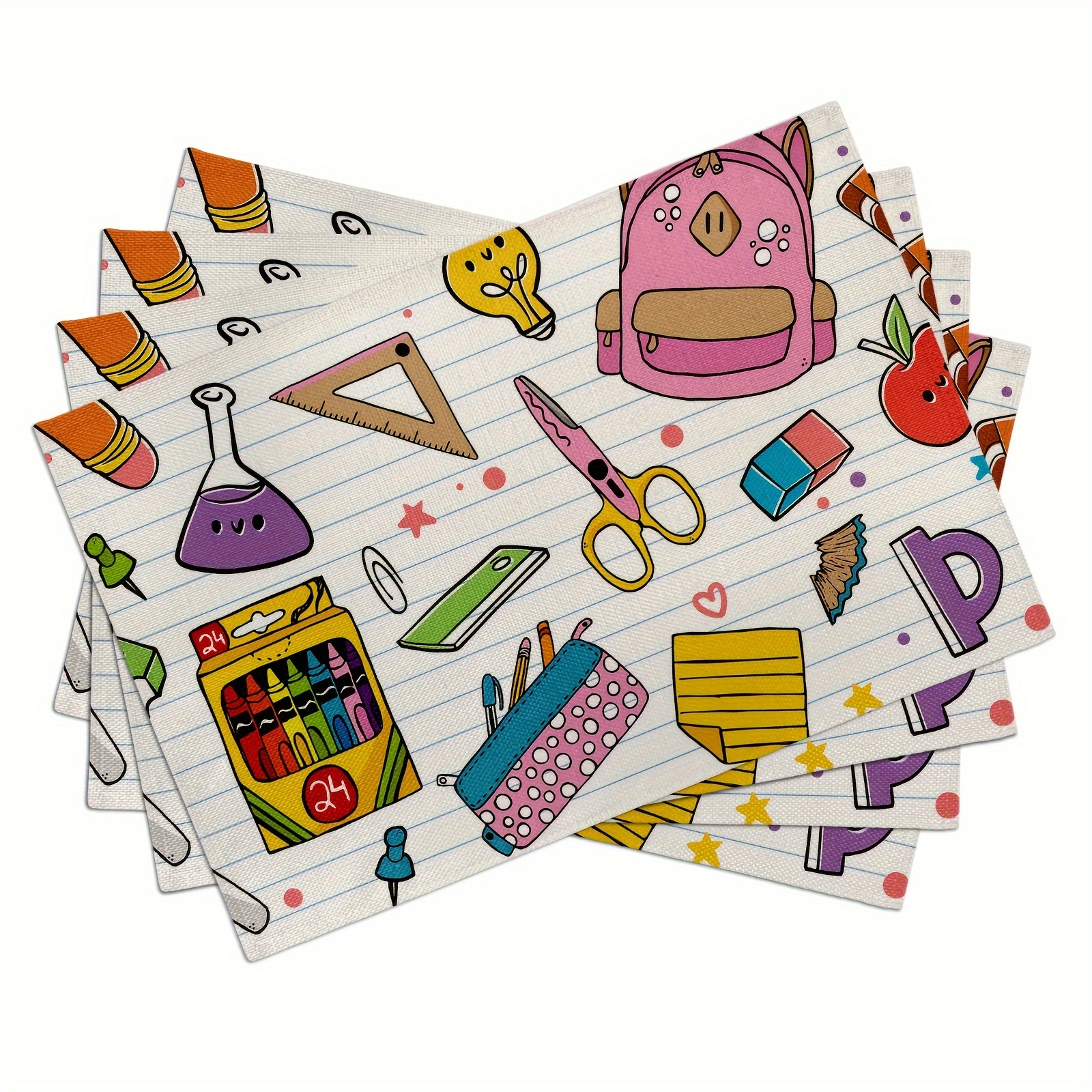 

Pack de 4 Sets de Table Rentrée Scolaire - Mignons & Amusants, Napperons en Lin Antidérapants avec Motifs Rose & Jaune, 12X18 Pouces - Parfaits pour la Décoration de Classe & la Salle à Manger