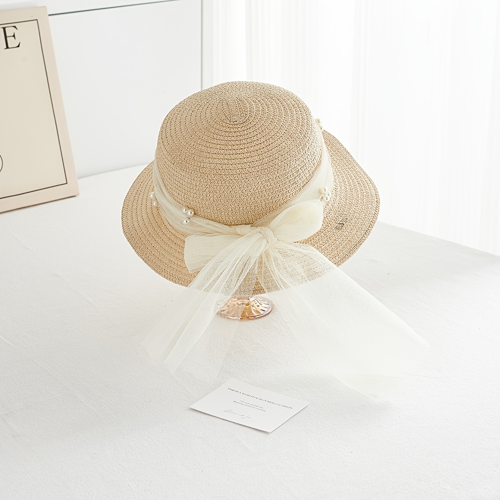 2d Flat - Wide-brimmed Straw Hat, Flat Top With Bow, Perfect For Summer Weddings, Photography And Beach Vacations