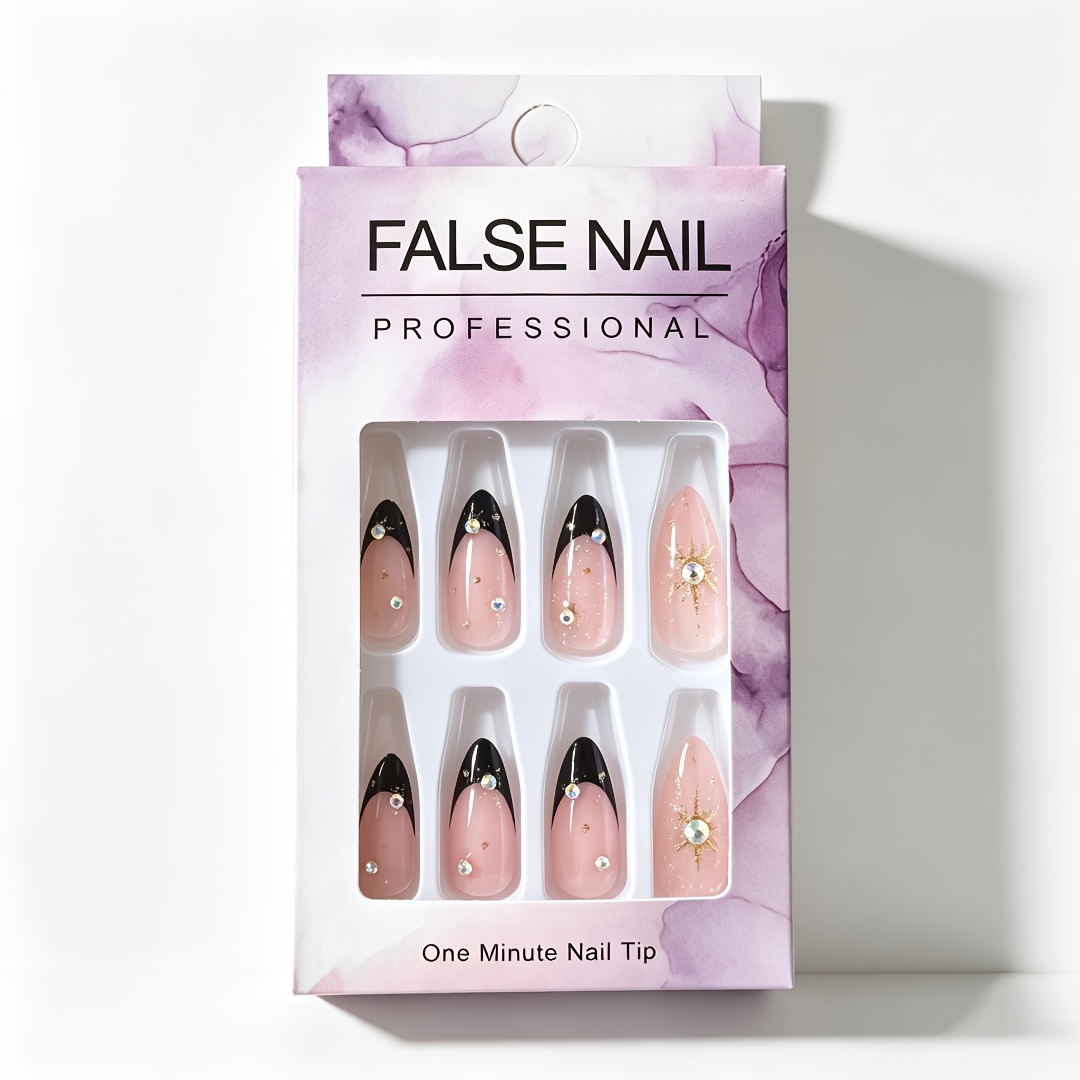 TEMU 24 uñas postizas de presión hechas a , aptas para uso diario, citas y fiestas - Forma de , media, con base rosa nude y punta en V negra, de